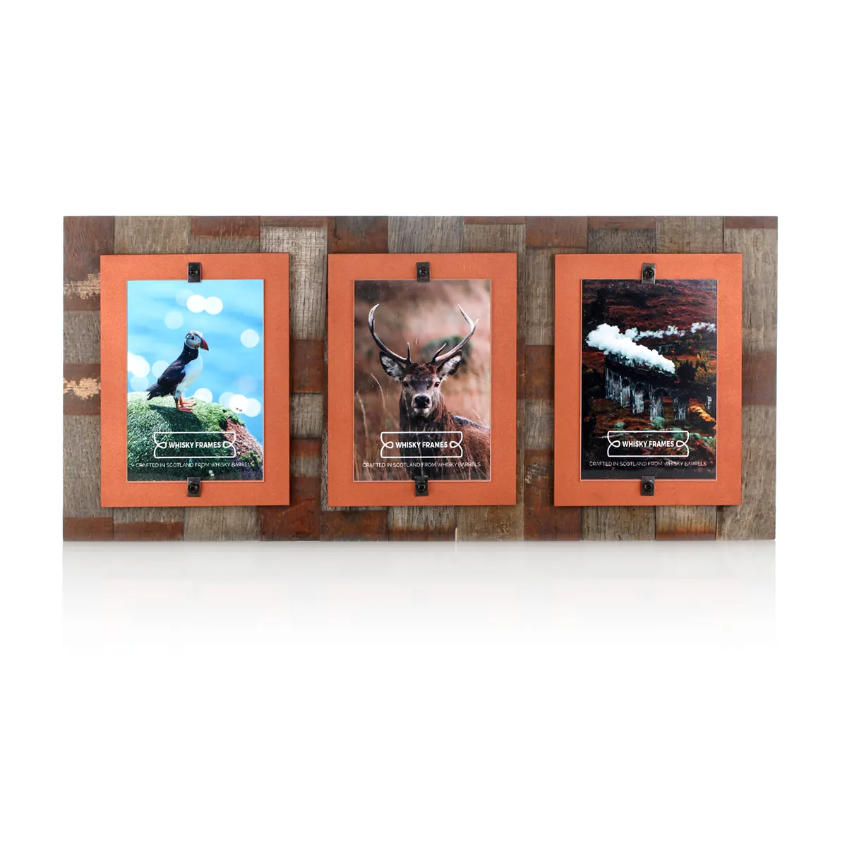 Whiskyfass-Fotorahmen 3x 10x15 cm - Handgefertigt aus recyceltem Fassholz (Eiche) Whiskyfass-Fotorahmen 3x 10x15 cm - Handgefertigt aus recyceltem Fassholz (Eiche)
