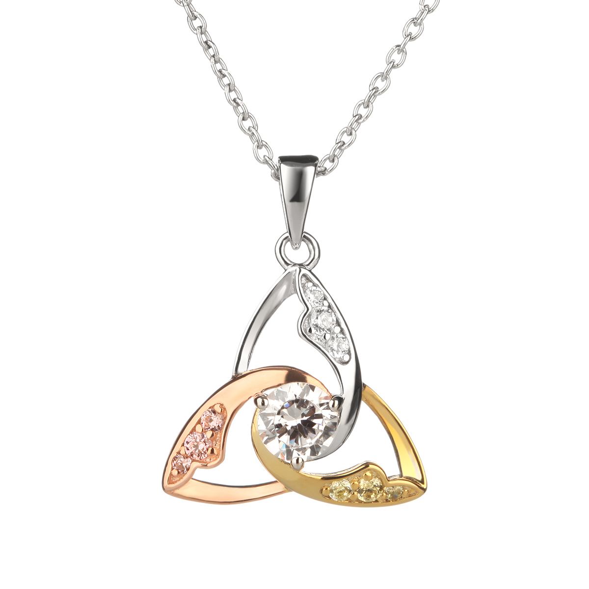 keltisch-trinity-knoten-kette-anhaenger-gold-silber-004 Keltischer Trinty Crystal Anhänger aus Irland - Silber mit Roségold & Kristall