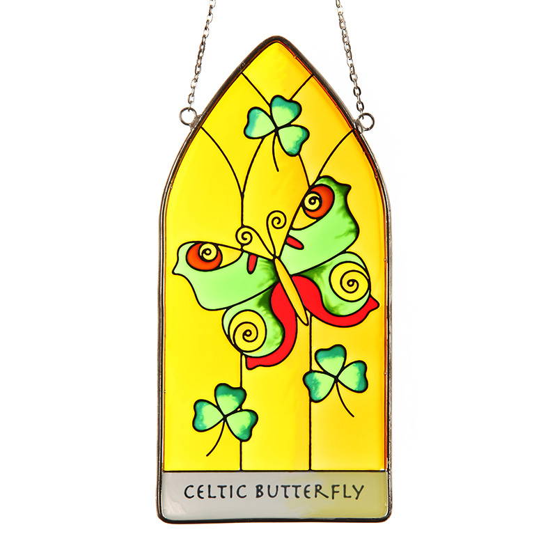 Celtic Shamrock & Butterfly - Keltisches Fensterbild aus Buntglas mit einem Schmetterling