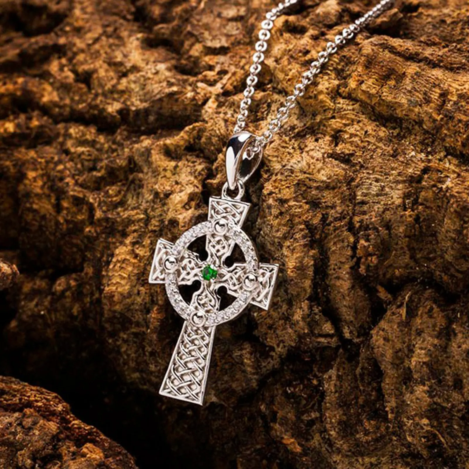 Keltisches Kreuz Anhänger & Kette aus Irland - Sterlingsilber & Kristall