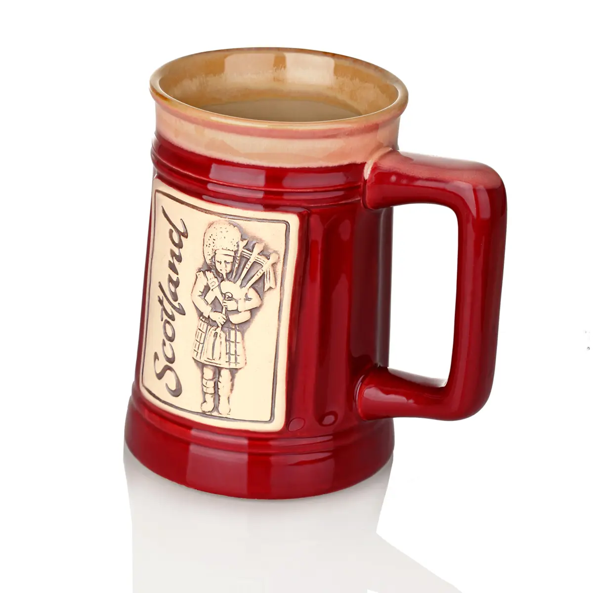 bier-krug-becher-tankard-schottland-piper-dudelsack-006 Scottisch Piper - Schottischer 1 Pint Bierkrug mit Dudelsackbläser - Rot