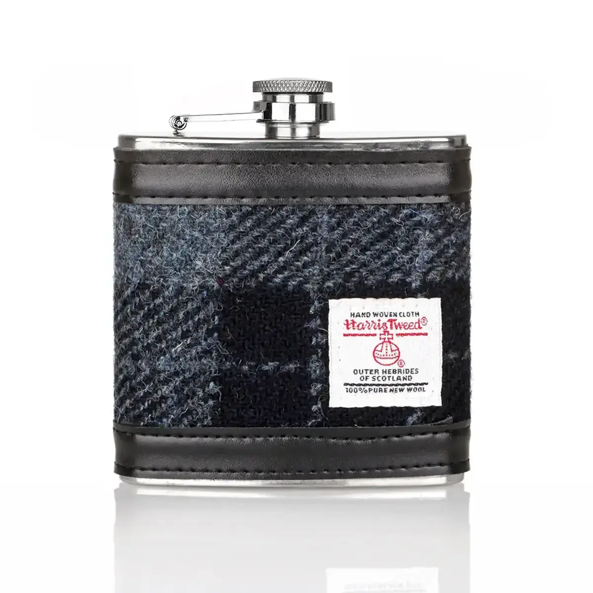 flachmann-hip-flask-edelstahl-schottland-tartan-harris-tweed-karo-001 Harris Tweed Flachmann aus Schottland in Grey Black Tartan