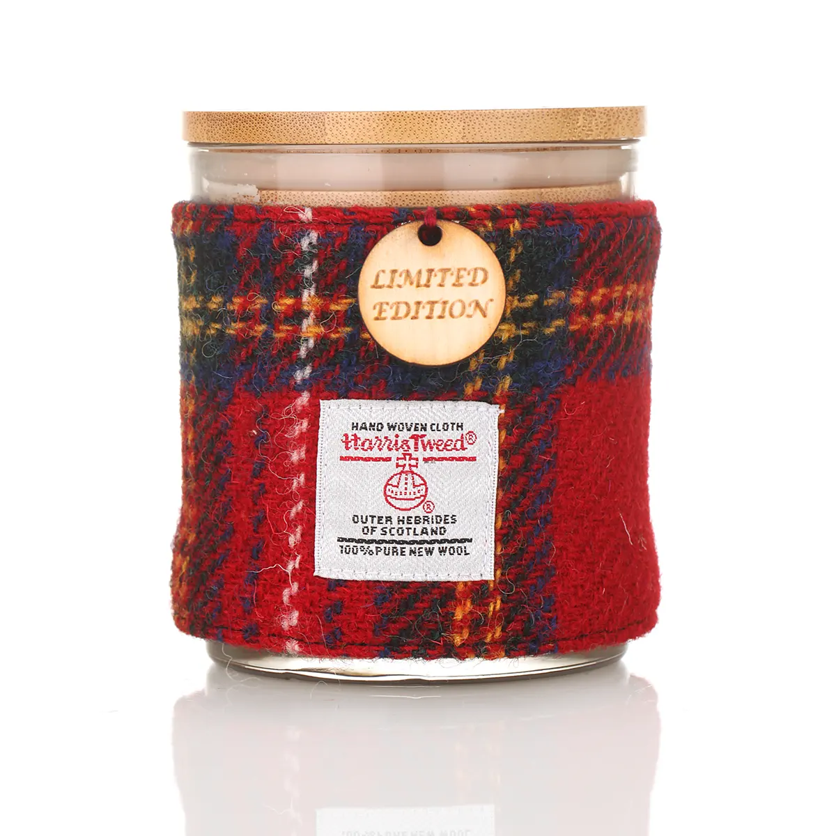 Merry Christmas - Glühwein Duftkerze im Glas mit Harris Tweed Hülle & Holzdeckel Merry Christmas - Glühwein Duftkerze im Glas mit Harris Tweed Hülle & Holzdeckel