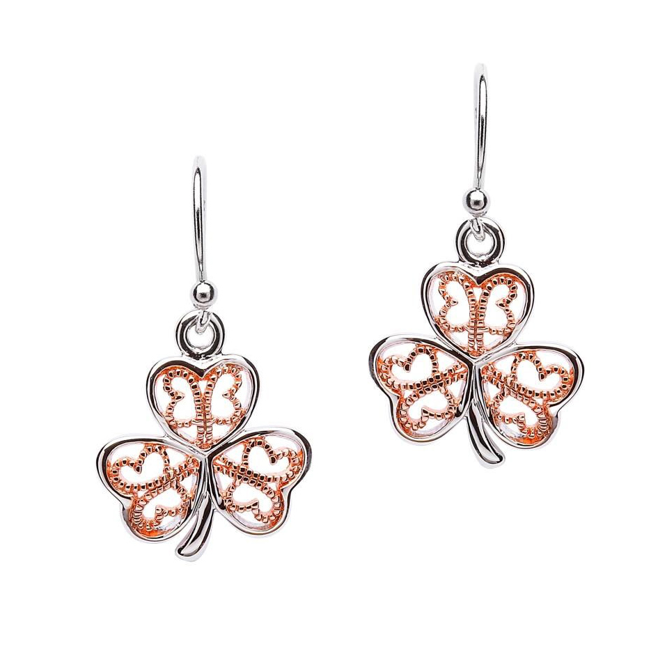 rose-gold-shamrock-kleeblatt-ohrringe Irish Shamrock Ohrhänger - Irische Kleeblätter aus Silber und Rotgold