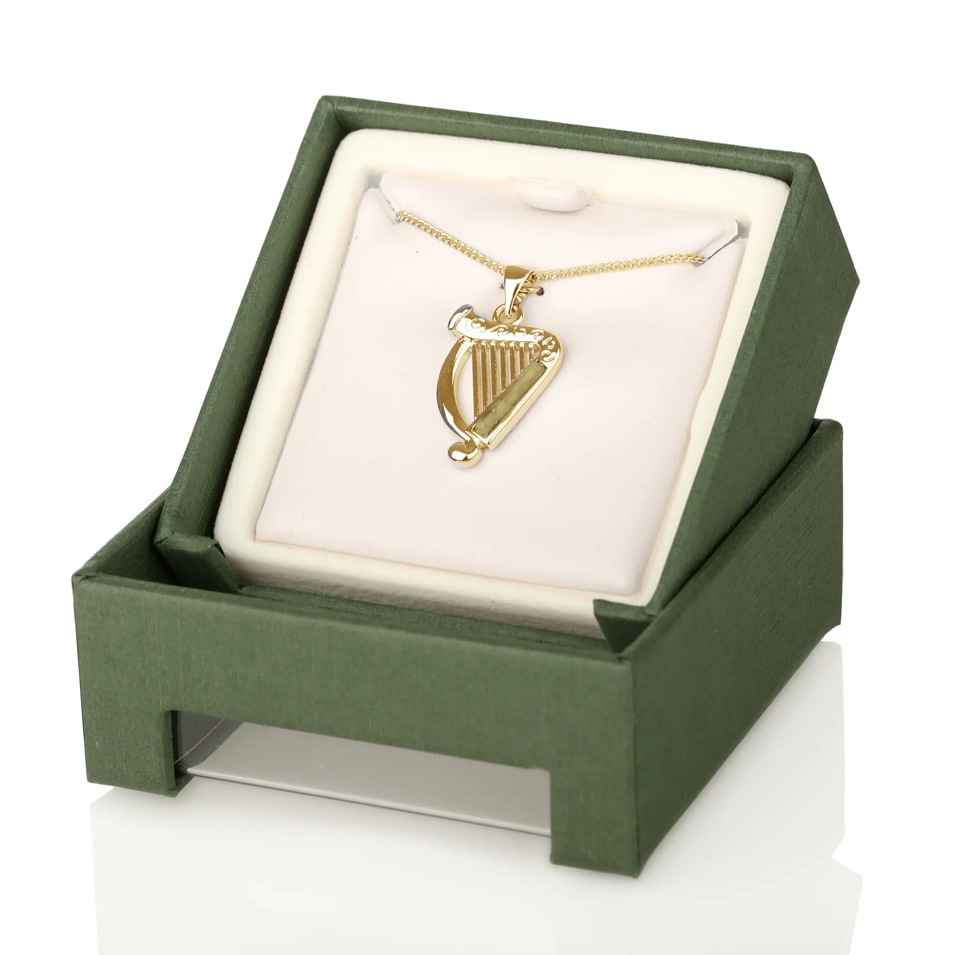 Irische Harfe 18K vergoldet, mit keltischen Ornamenten und Connemara Marmor