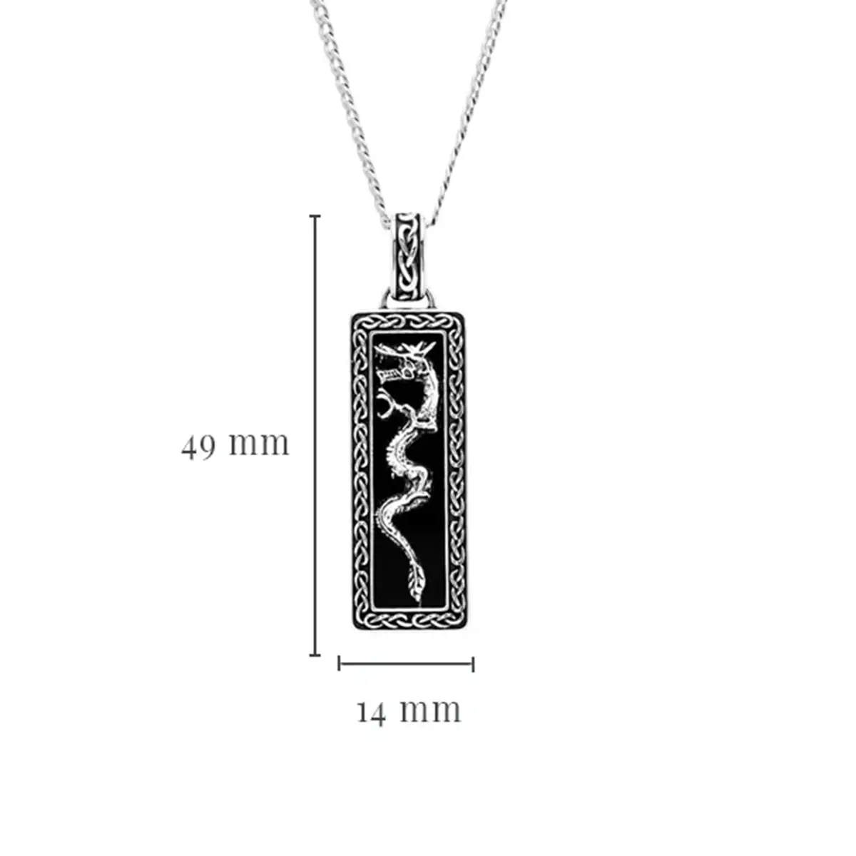 sterling-silver-mens-onyx-celtic-dragon-necklace-SP2304-with-measurements Spirit of the Celt - Black Onyx Dragon - Sterling Silber Kette aus Irland