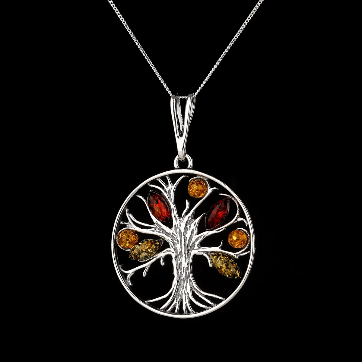 Amber Tree Of Life - Irische Lebensbaum Kette aus mehrfarbigem Bernstein & Sterling Silber