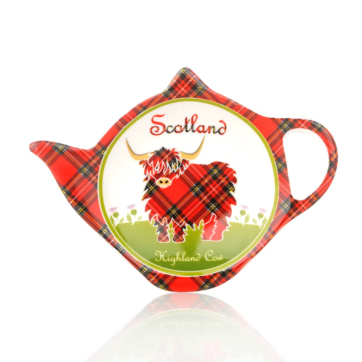 Highland Cow Teebeutel-Ablage aus Keramik mit schottischem Rind & Tartan-Muster