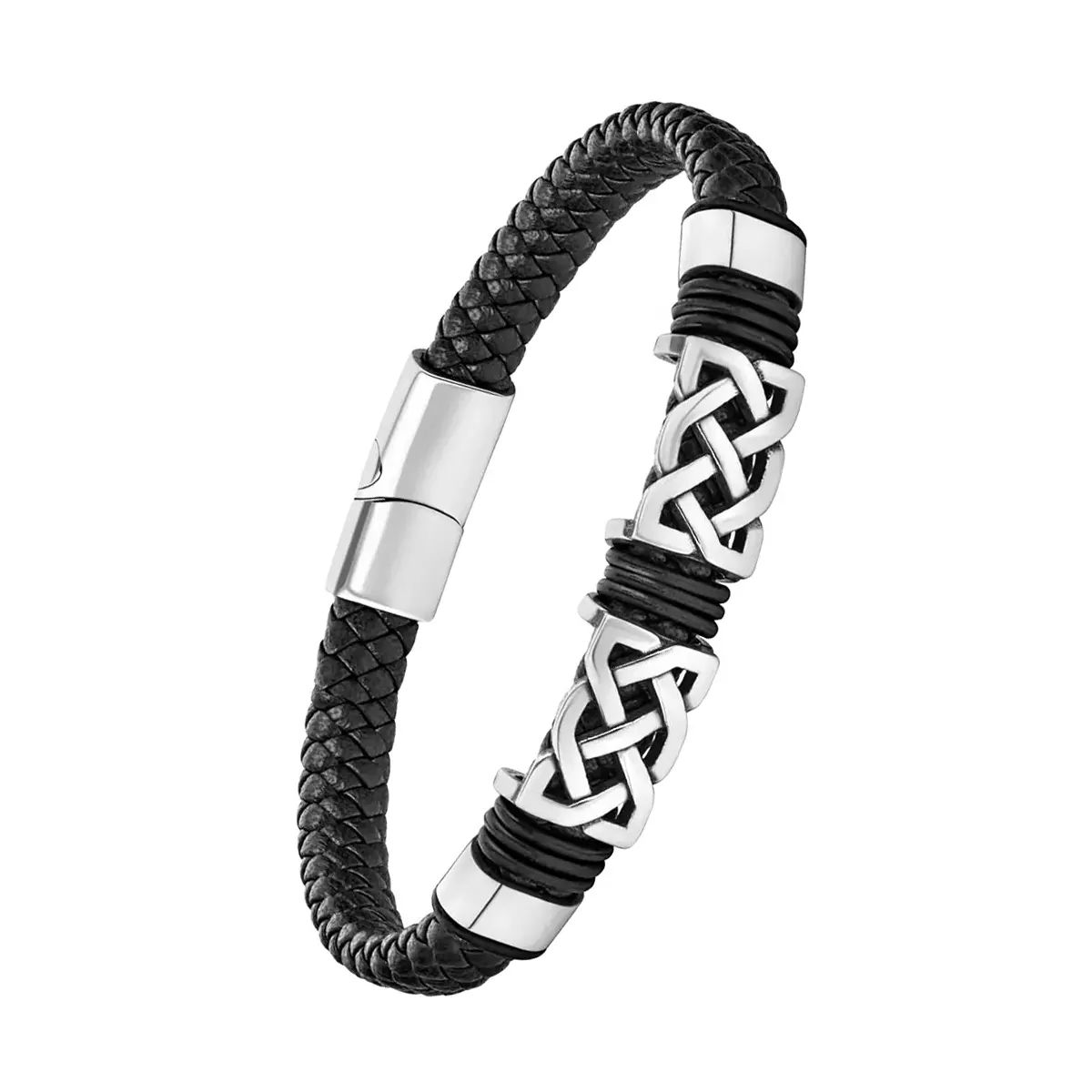 Edelstahl-Armband aus schwarzem Leder mit keltischen Knoten