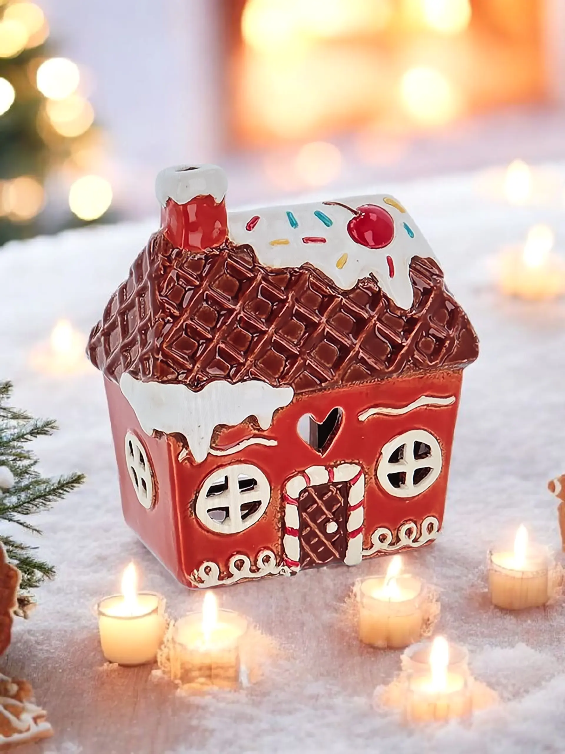 Village Pottery Teelichthalter Gingerbread House – handgefertigtes Keramik-Lebkuchenhaus