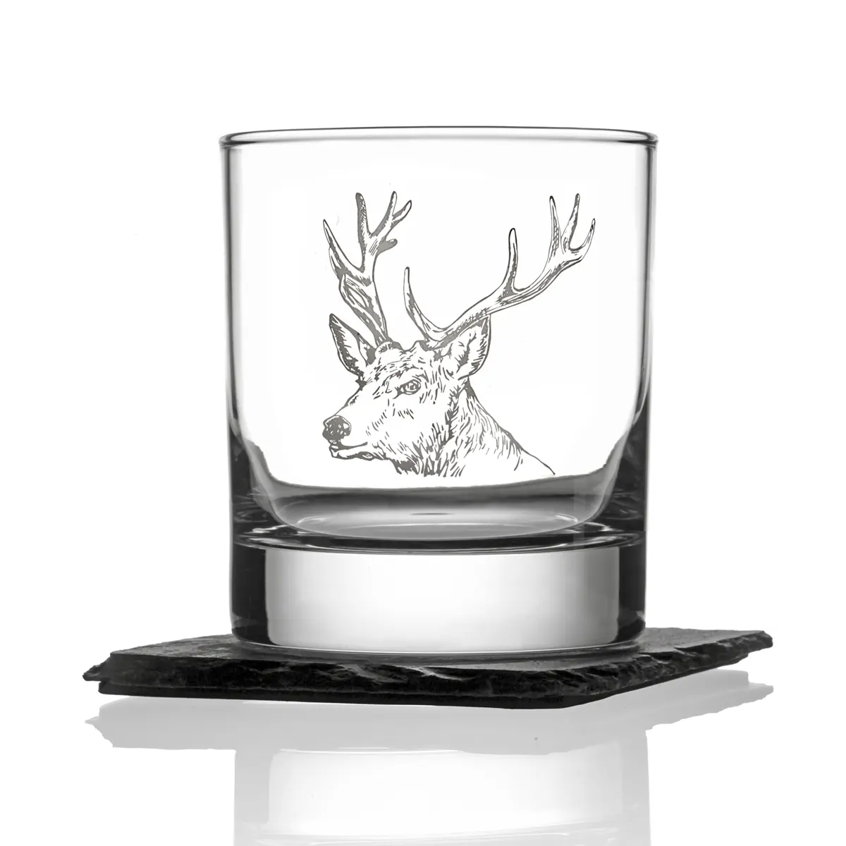 Highland Stag Whisky Set - Schottischer Hirsch Tumbler mit Steinen & Schiefer Untersetzer in Holzbox