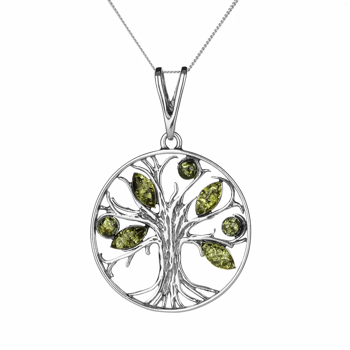 Green Amber Tree Of Life - Irische Lebensbaum Kette aus grünem Bernstein & Sterling Silber