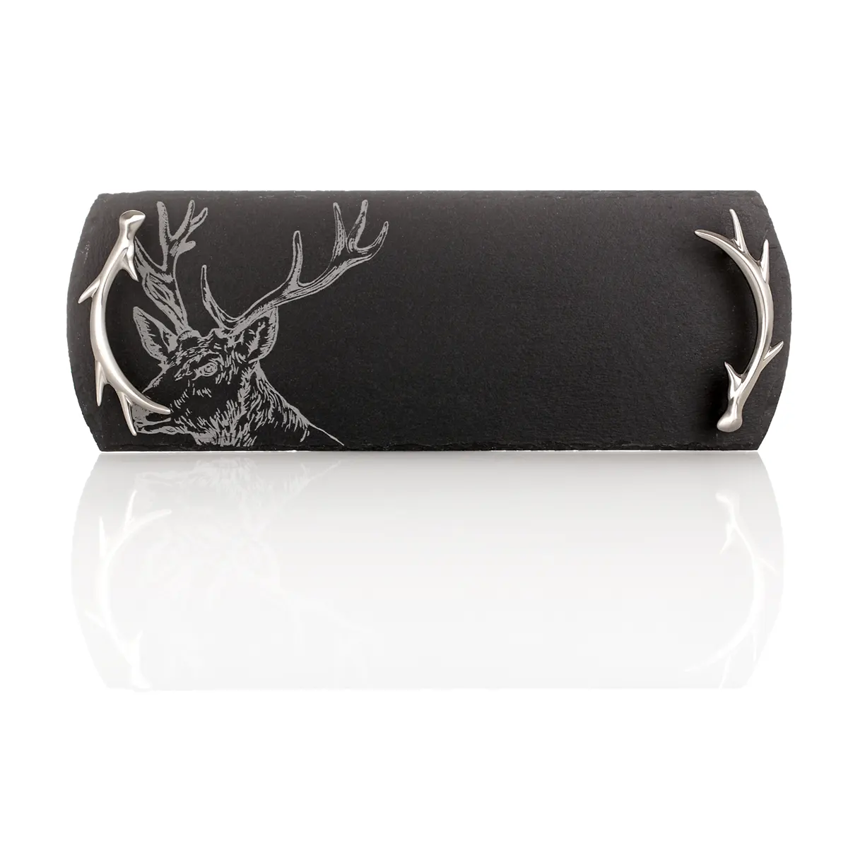 Kaeseplatte-Schottland-Stag-Hirsch-Geweih-Schiefer-Slate-002 Highland Stag - Schiefer Käseplatte mit Metallgriffen im Hirsch Design