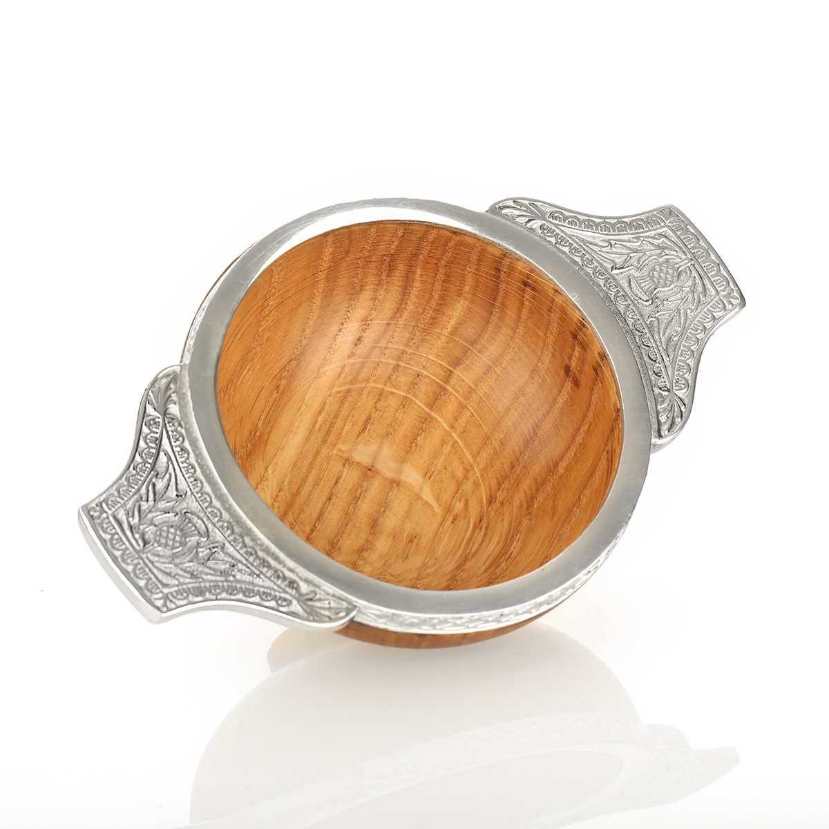 whisky-quaich-holz-schottland-highland-004 Schottischer Highland Whisky Quaich - Eichenholz & Zinn - keltische Muster