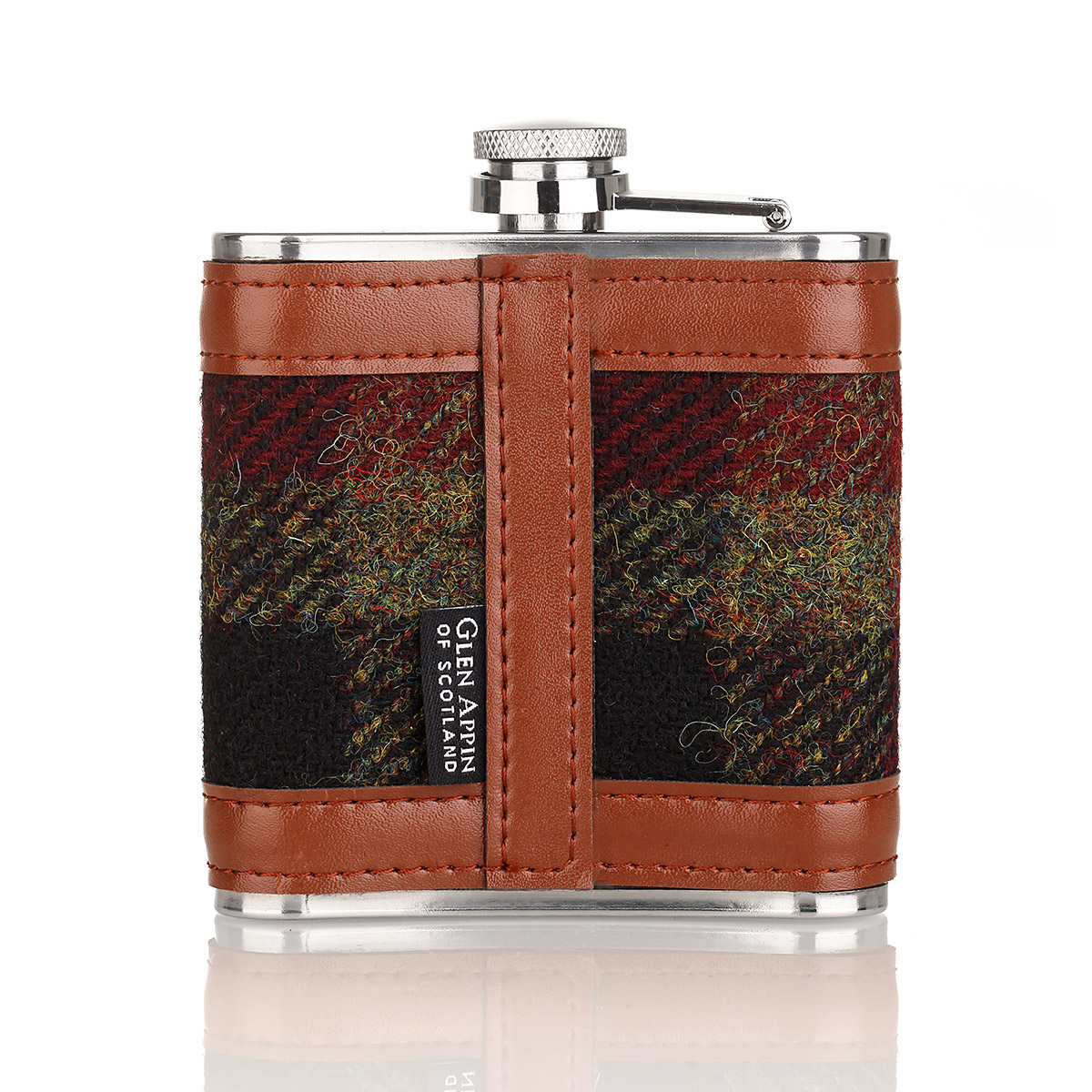 flachmann-hip-flask-edelstahl-schottland-tartan-harris-tweed-karo-014 Harris Tweed Flachmann aus Schottland in Rust Check Tartan