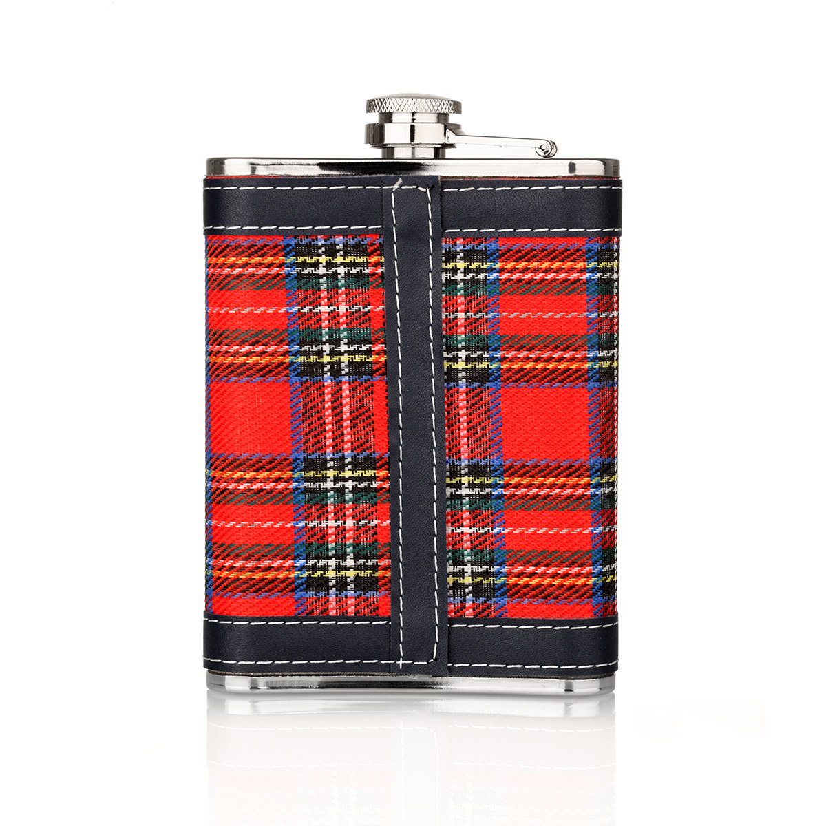 flachmann-hip-flask-edelstahl-royal-stewart-tartan-schottland-005 Schottischer Royal Stuart Tartan Flachmann aus Edelstahl mit schwarzen Applikationen (8oz)