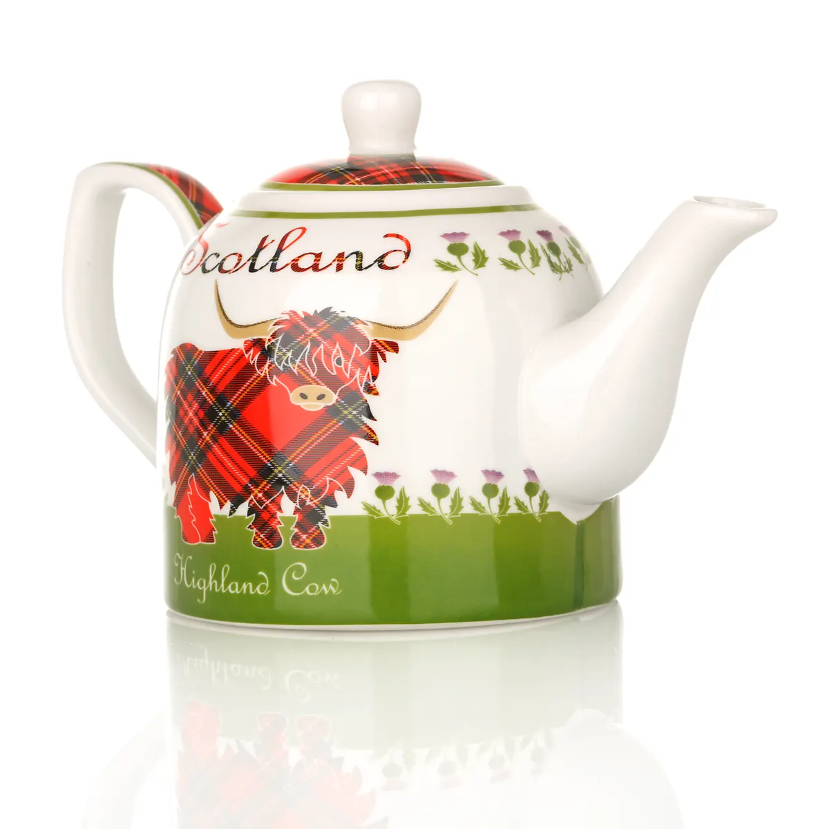 Highland Cow Teekanne aus Keramik mit schottischem Rind & Tartan-Muster