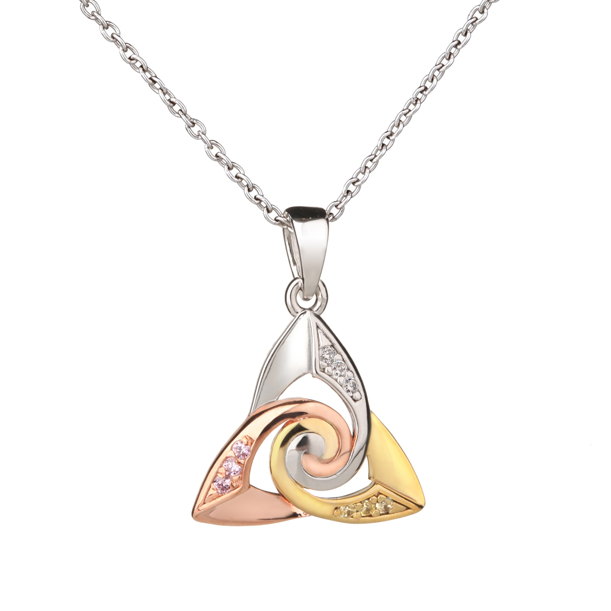 Kette-anhaenger-keltisch-trinity-spirale-silber-gold-kristall-003 Keltischer Trinity Anhänger aus Irland - Silber - Gold - Roségold & Kristall