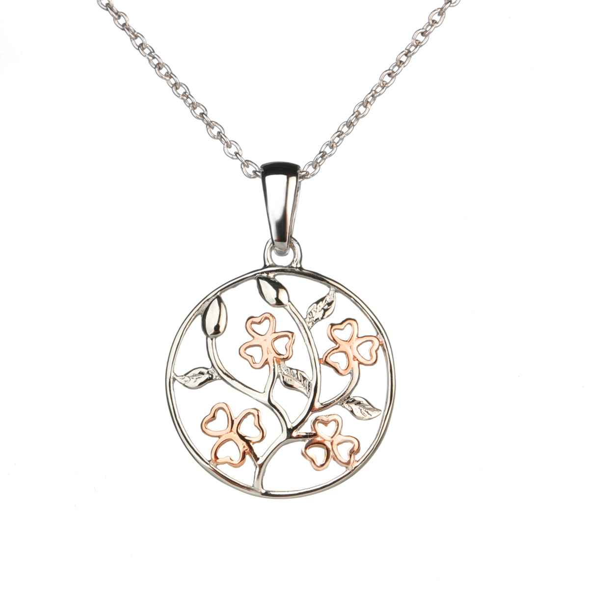 lebensbaum-irish-shamrock-kette-irland-001 Filigrane Lebensbaum & Shamrock Kette aus Irland - Sterling Silber mit Rosé-Vergoldung