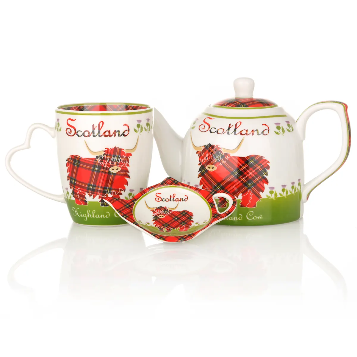 Highland Cow Teekanne aus Keramik mit schottischem Rind & Tartan-Muster
