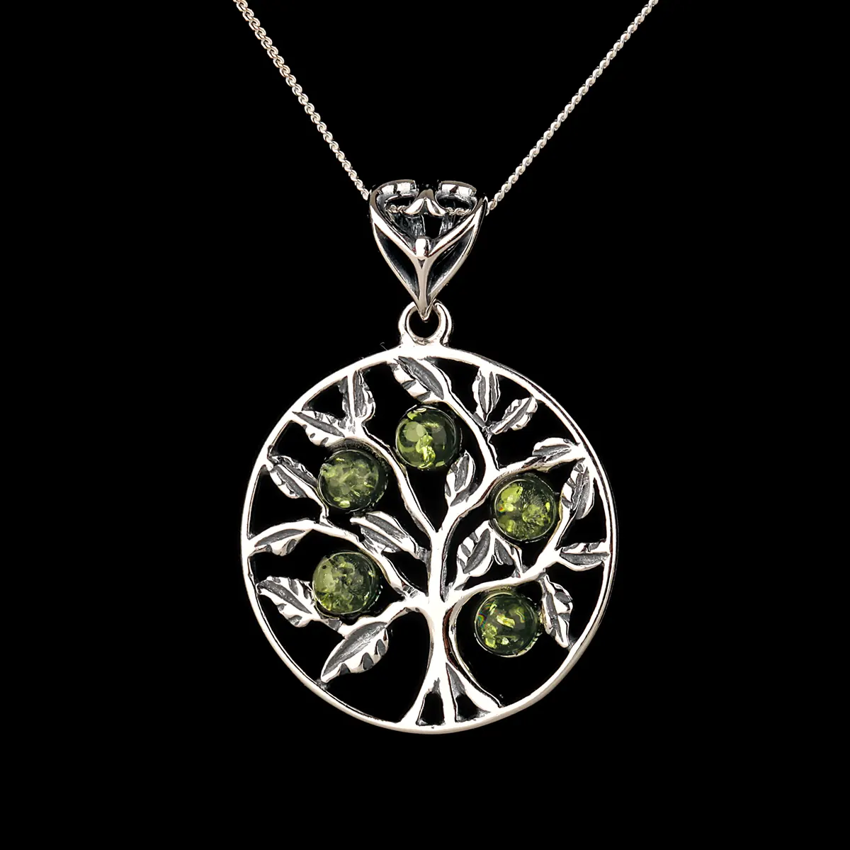 Green Tree Of Life - Irische Lebensbaum Kette aus grünem Bernstein & Sterling Silber