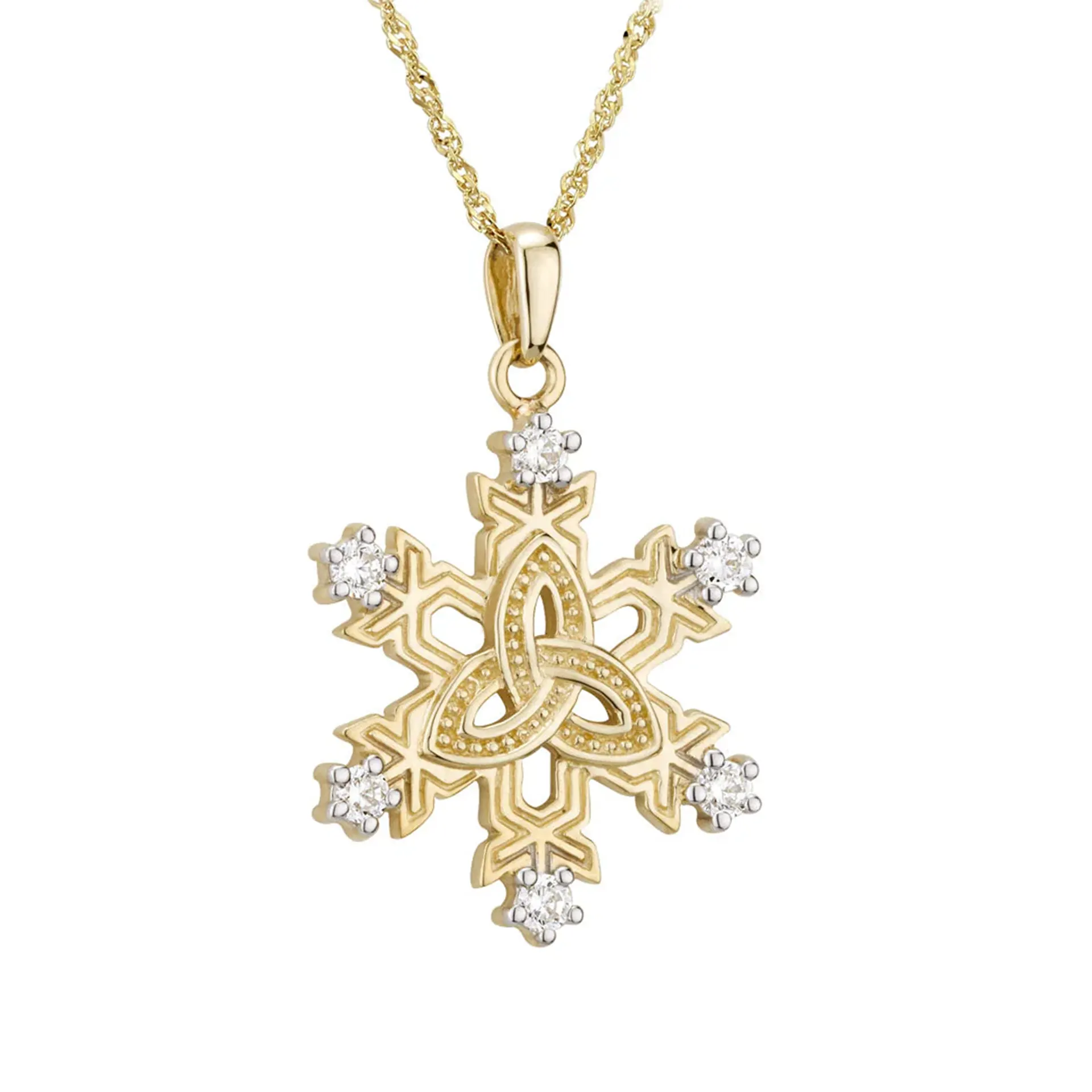 Keltische Schneeflocken-Halskette aus 10K Gold – Trinity Knoten & Zirkonia aus Irland