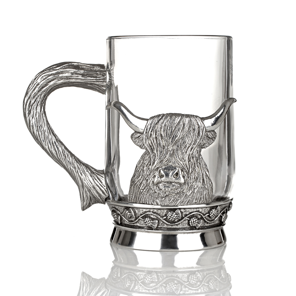 bier-krug-glas-silber-highland-rind-kuh-cattle-001 Highland Cow Bierkrug - Glas & Zinn mit Hochland Rind & Fell als Griff
