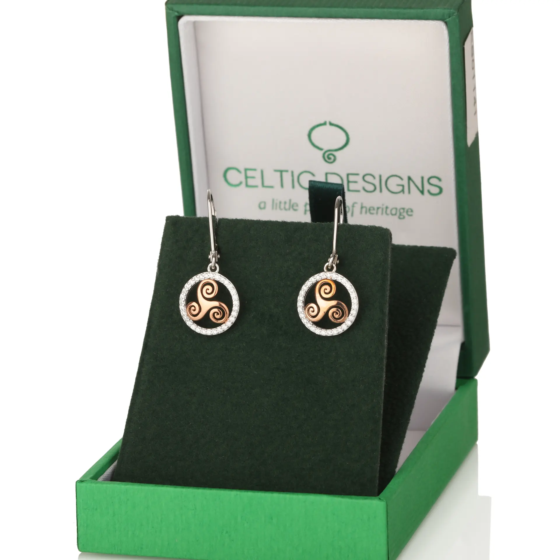 Keltische Triskele Ohrhänger aus Sterling Silber mit Roségold & Kristall Keltische Triskele Ohrhänger aus Sterling Silber mit Roségold & Kristall