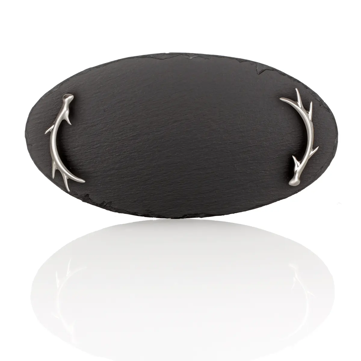 Kaeseplatte-oval-Schottland-Stag-Hirsch-Geweih-Schiefer-Slate-001 Highland Stag - Ovales Serviertablett aus Schiefer mit Geweihgriffen - Oval
