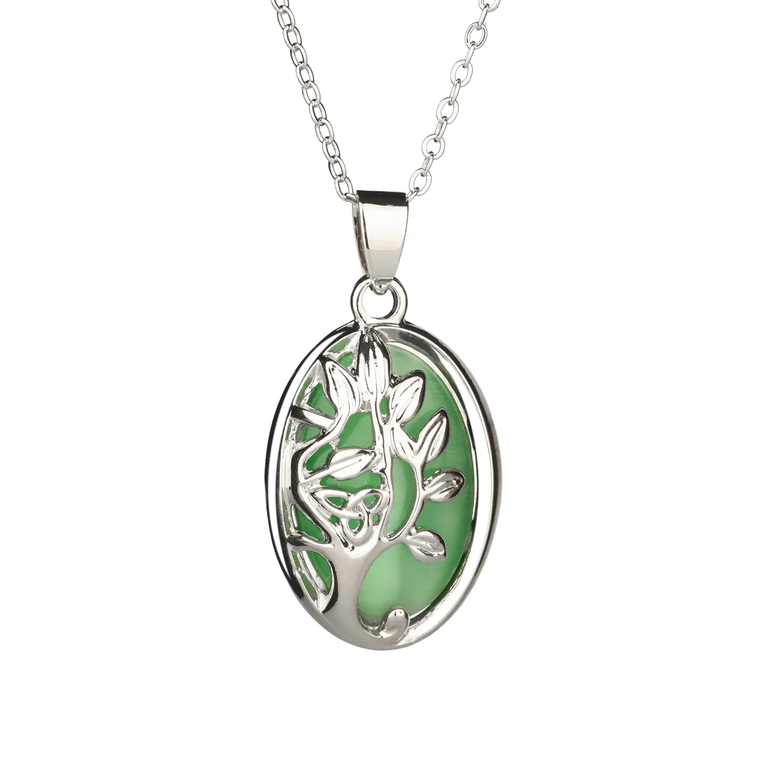 Tree of Life Anhänger aus Edelstahl mit grünem Cat-Eye