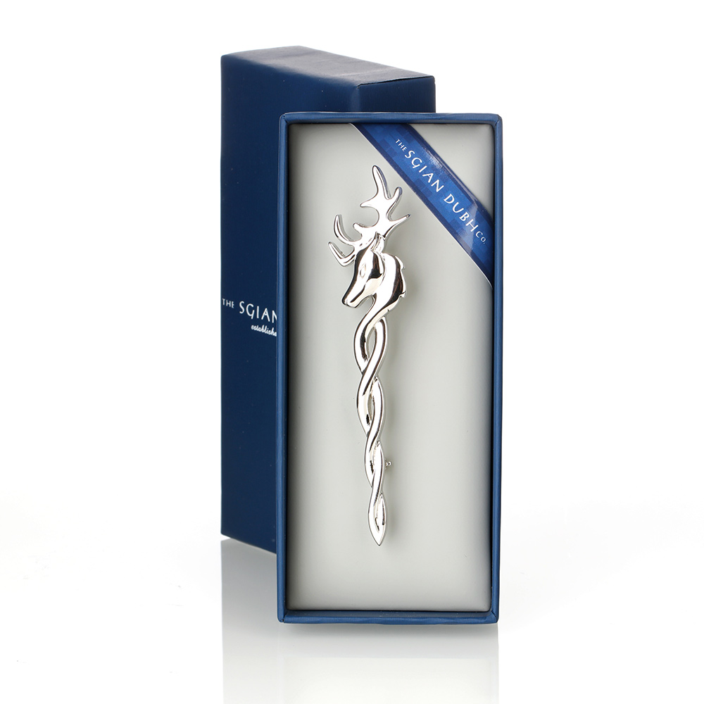 staghorn-kiltpin-hirsch-silber-schottland-001 Staghorn Kilt Pin aus Schottland - Hirschkopf & keltische Knoten