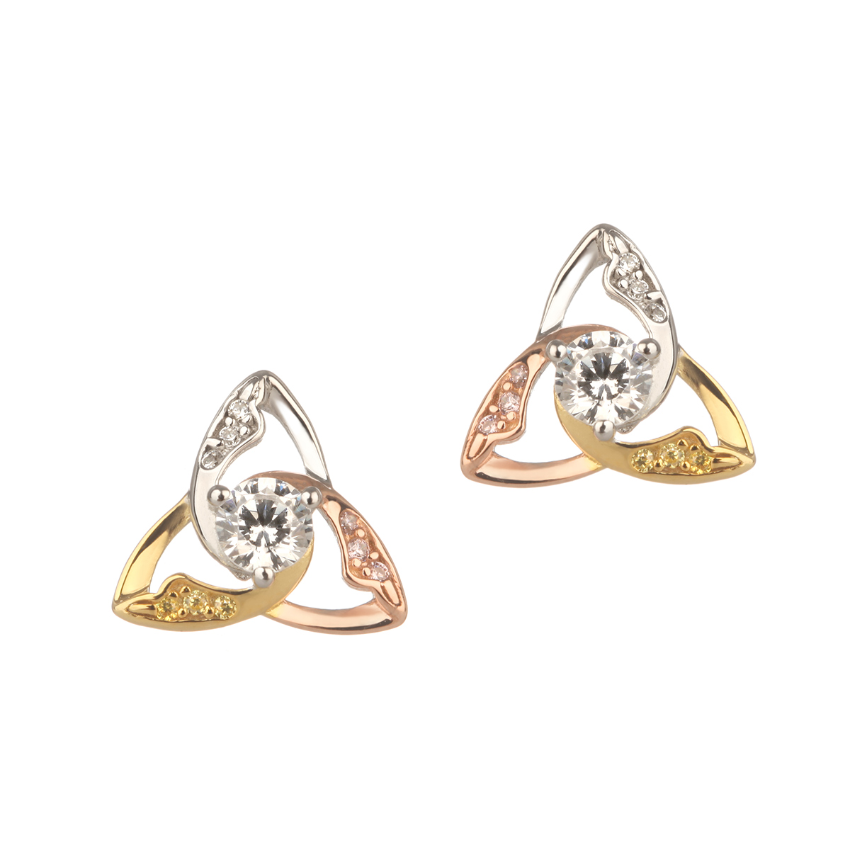 keltisch-trinity-knoten-ohrhstecker-ohrhaenger-gold-silber-002 Keltische Trinity Crystal Ohrstecker aus Irland - Silber mit Roségold & Kristall