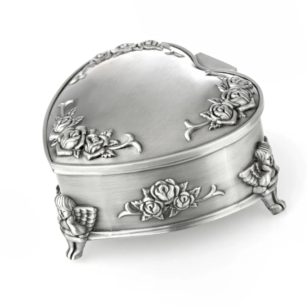 schmuck-schatulle-keltisch-silber-metall-irland-001 Irische Schmuckschatulle in Herzform - verziert mit Engeln & Rosen
