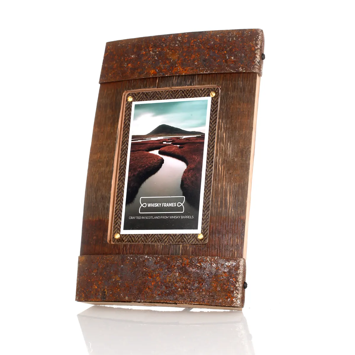 Whiskyfass-Fotorahmen 10x15 cm - Handgefertigt aus recyceltem Fassholz (Eiche) & Harris Tweed