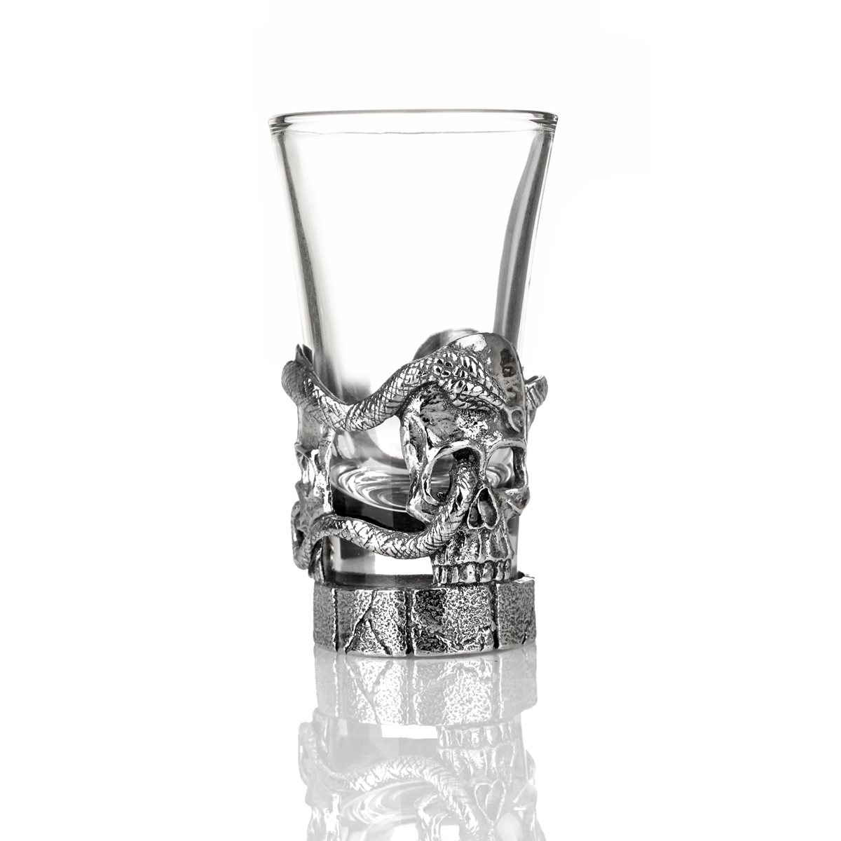 shotglas-schnaps-glas-skull-piraten-totenkopf-schlange-silber-001 Skull Shotglas - Handgefertigtes Totenkopf Schnapsglas aus England