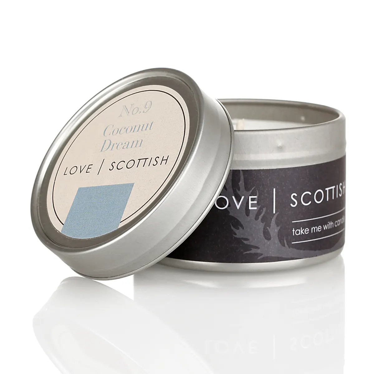 Love Scottish Travel Tin - Coconut Dream - handgefertigte Duftkerze aus Kokoswachs