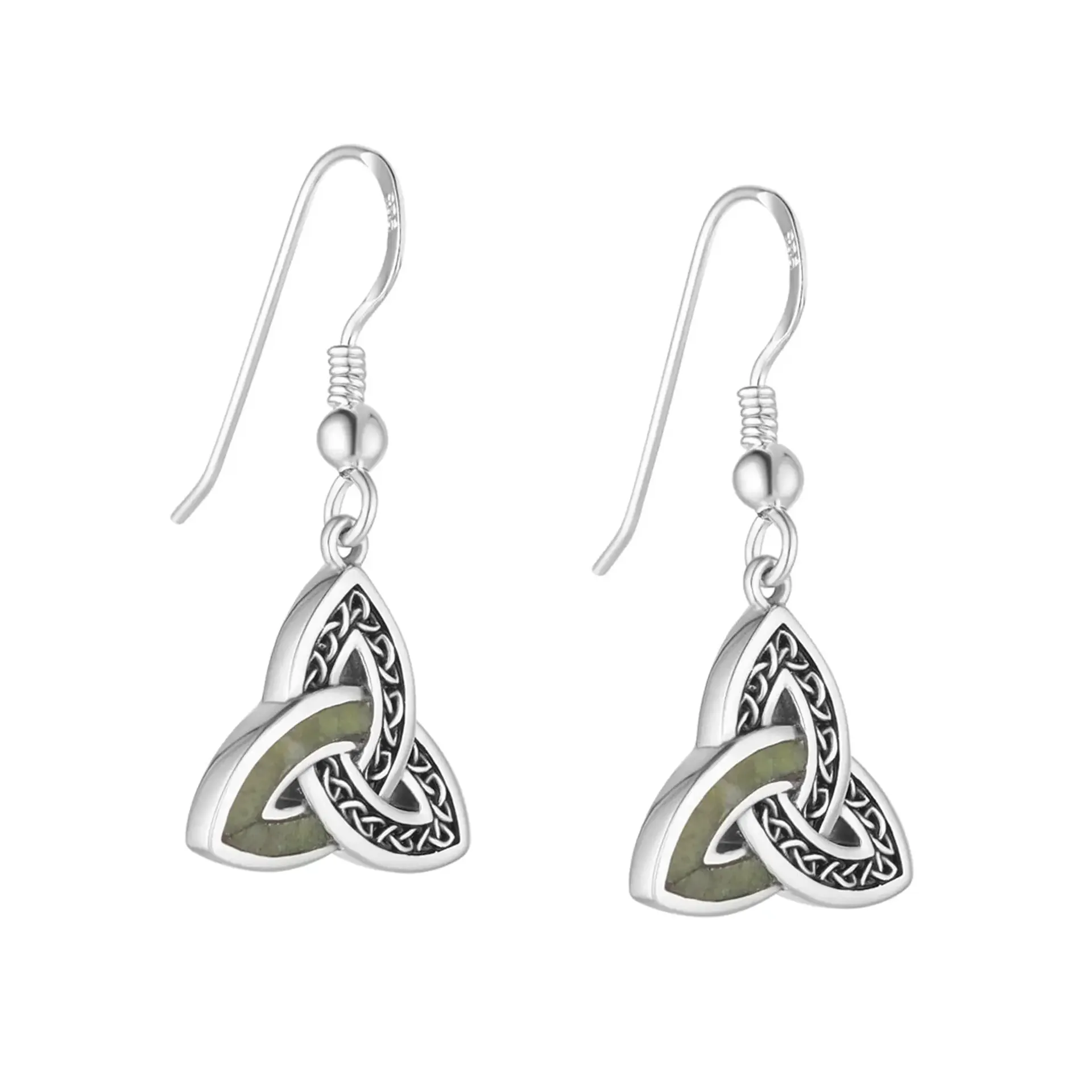 Keltische Trinity-Ohrhänger aus Sterlingsilber mit Connemara-Marmor - Handgefertigt in Irland Keltische Trinity-Ohrhänger aus Sterlingsilber mit Connemara-Marmor - Handgefertigt in Irland