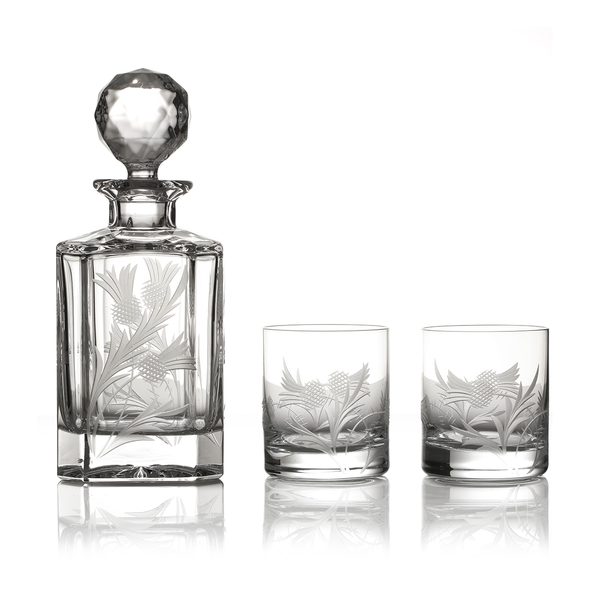 Flower Of Scotland Kristall Whisky Set - Karaffe & 2 Gläser - Handgefertigt aus Kristallglas
