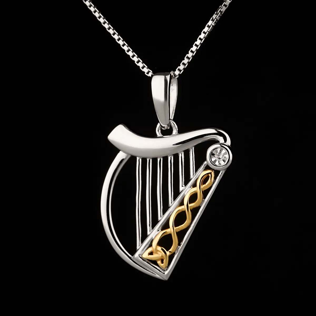 Diamond Irish Harp - fein gearbeitete irische Harfe mit Diamant - 10K Gold & Sterling Silber