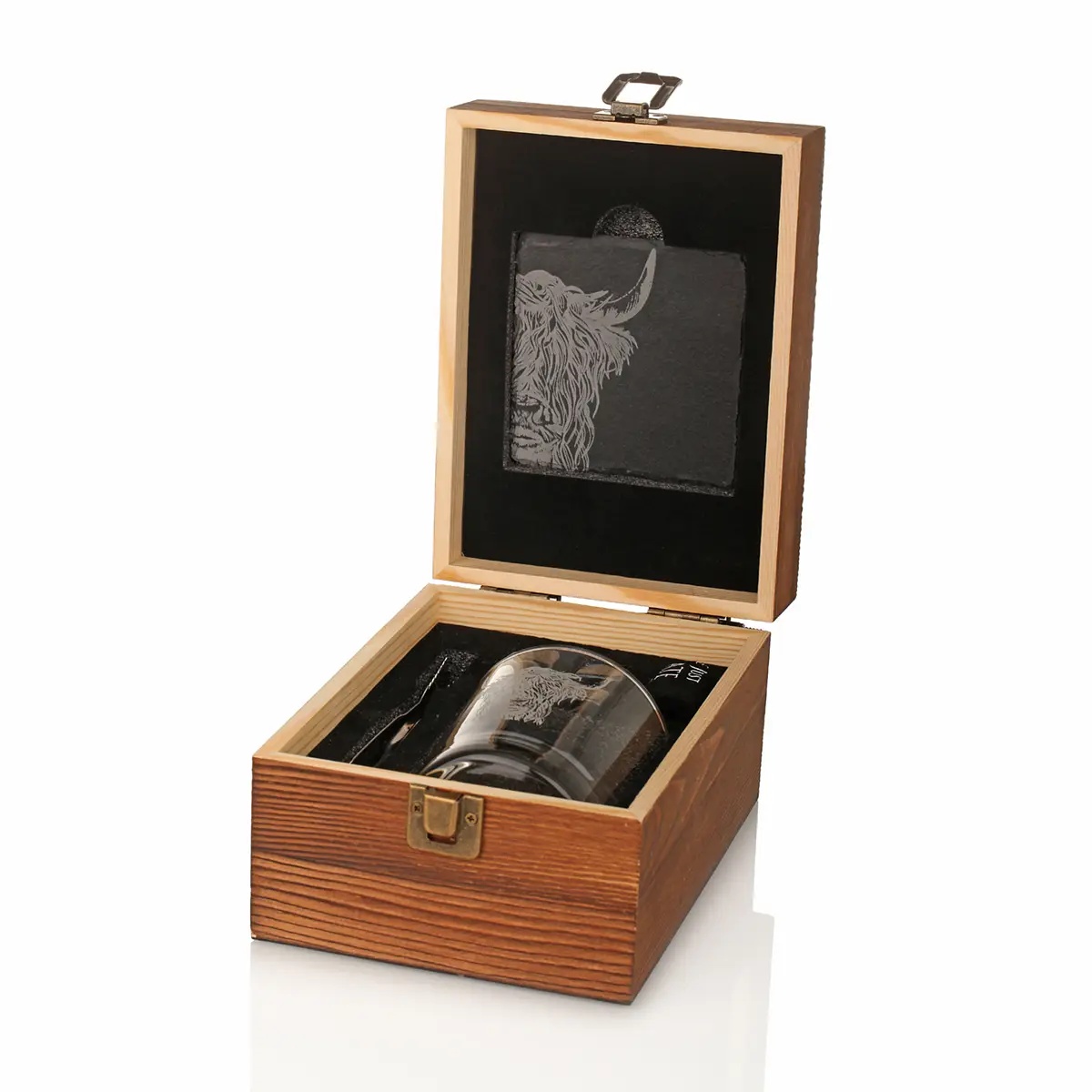 whisky-glas-set-schiefer-just-slate-schottland-highland-cow-box-009 Highland Cow Whisky Set - Whiskyglas mit Whisky-Steinen & Schiefer Untersetzer in Holzbox