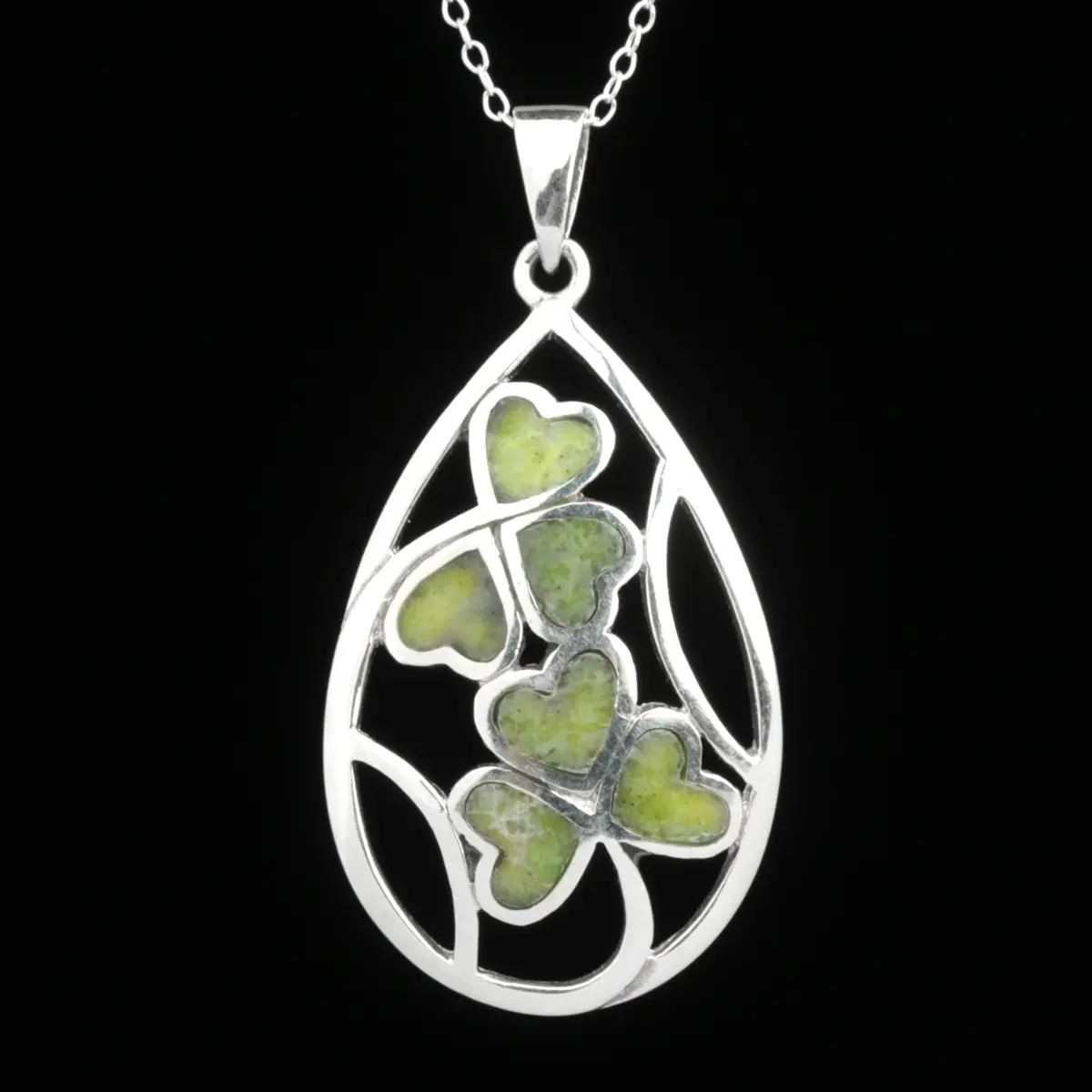 kette-anhaenger-connemara-marmor-silber-gruen-irish-shamrock-001 Hearts & Shamrock - Irische Kleeblatt Kette - Sterling Silber & Connemara Marmor