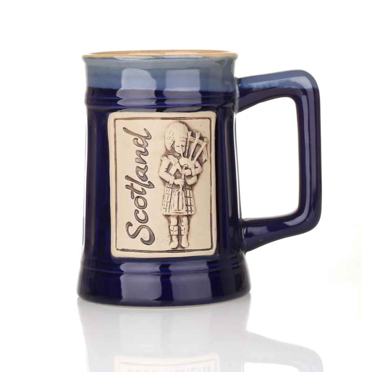 bier-krug-becher-tankard-schottland-piper-dudelsack-008 Scottisch Piper - Schottischer 1 Pint Bierkrug mit Dudelsackbläser - Blau