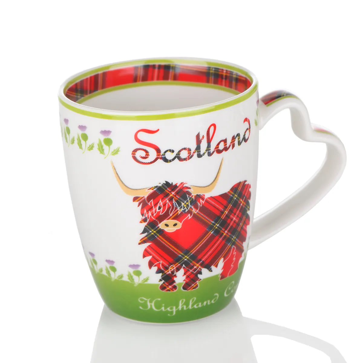 Highland Cow Mug - Kaffeebecher aus Keramik mit schottischem Rind & Tartan-Muster