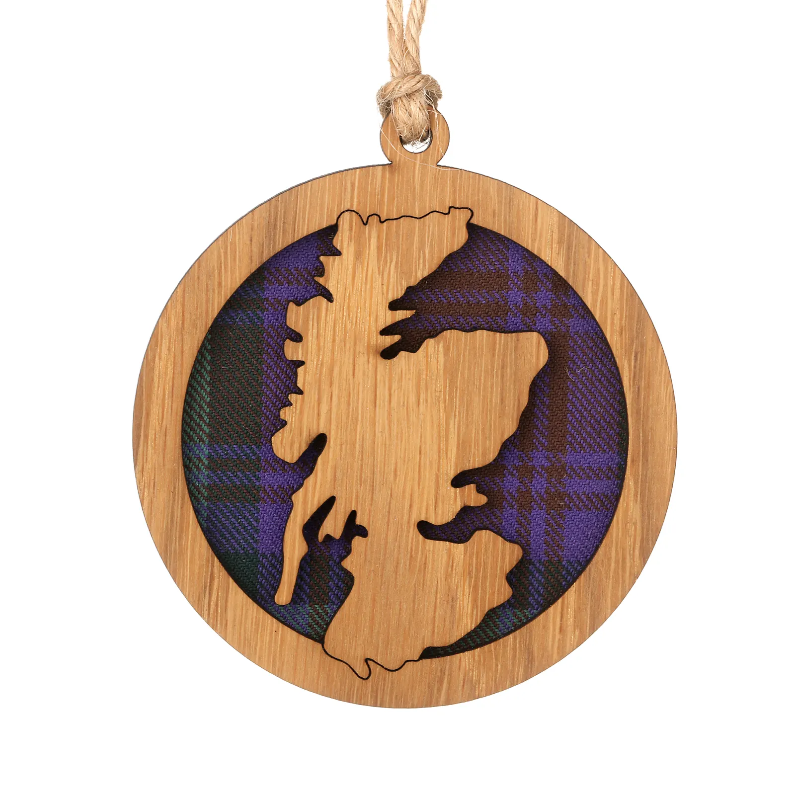 Map of Scotland - Runder Holz-Aufhänger mit Schottland-Karte Knoten und Tartan-Hintergrund