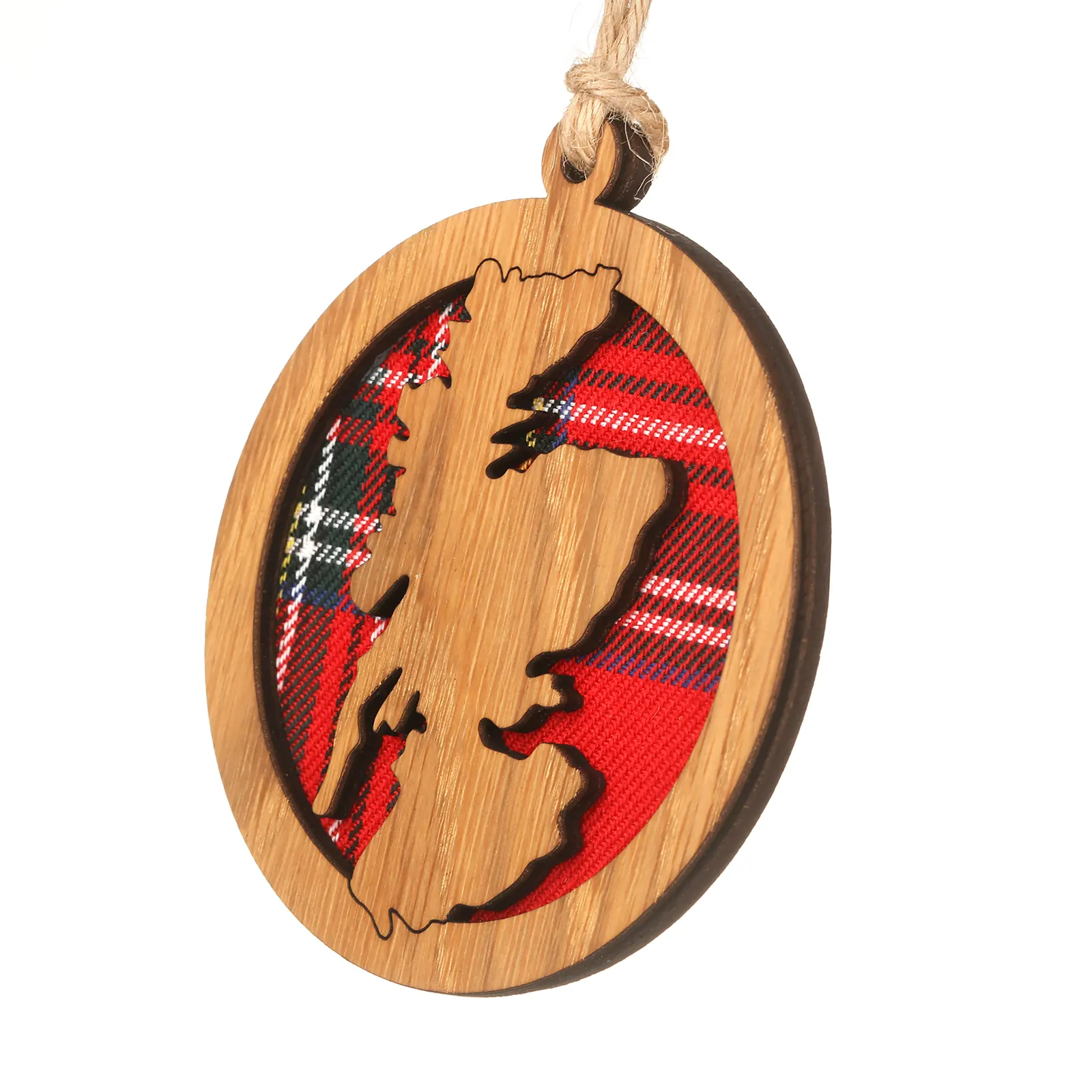 Map of Scotland - Runder Holz-Aufhänger mit Schottland-Karte Knoten und Tartan-Hintergrund