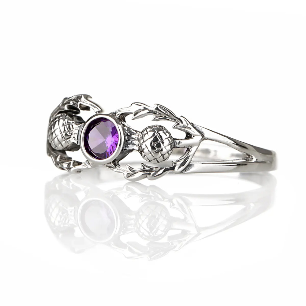 Scottish Thistle - Sterlingsilber Ring mit schottischen Disteln & Kristall